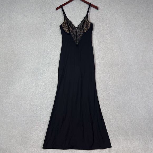 Popilush Black Shapewear Lace V Neck Side Slit Maxi Slip Dress Size Medium - Picture 2 of 9